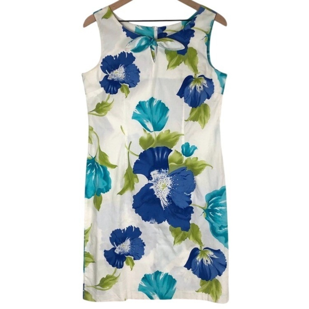 GIORGIO FIORLINI Floral Bow Keyhole Sheath Dress Sz 10 Sleeveless Cotton Stretch